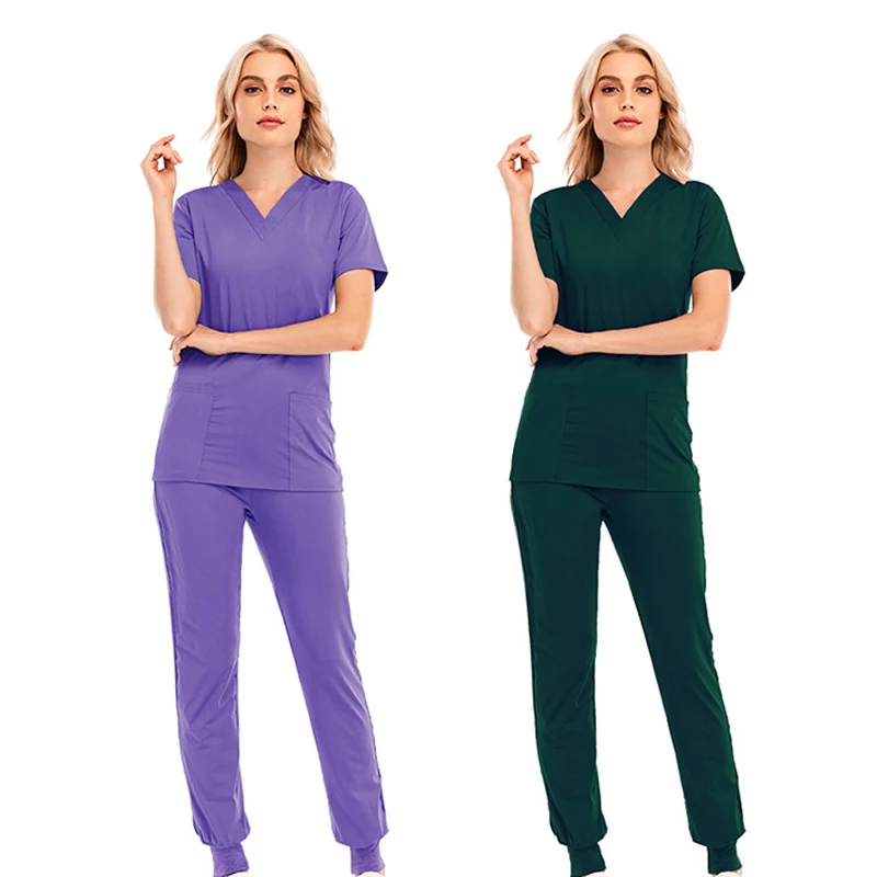 S-2XL 9 Farben Solide V-ausschnitt Tasche Peeling Krankenhaus Uniform Set Frauen Chirurgische Scrubs Jogger Top Hosen Anzüge