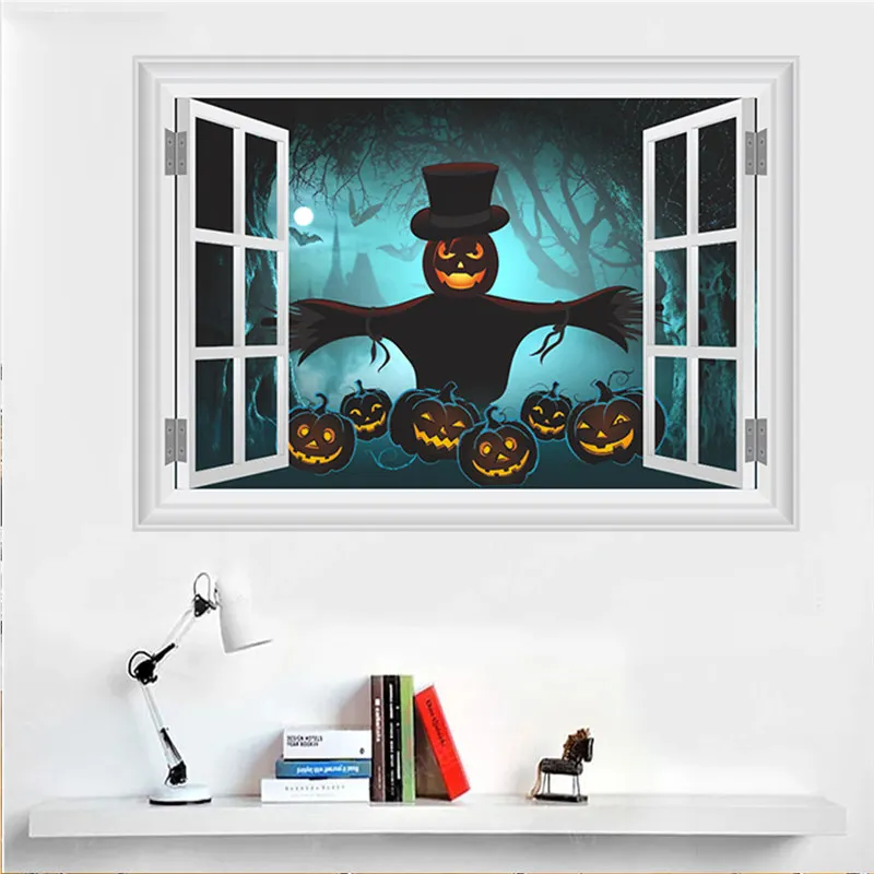 Pumpkin Lantern Scarecrow 3d Window Wall Stickers For Shop Home Decorations Halloween Festival Wall Art Decals Kids Room Posters