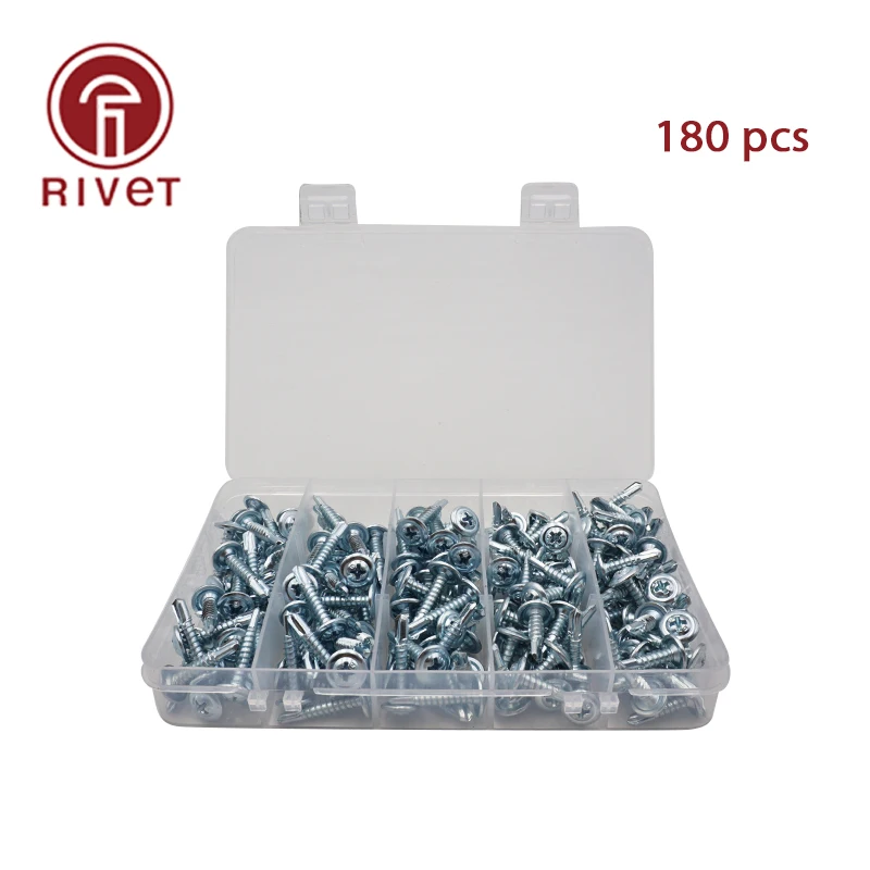 180Pcs/Set M4.8 Carbon Steel Flat Head Self Tapping Screws Drilling Tail Screw Electric Drill Screw With Transparent Box