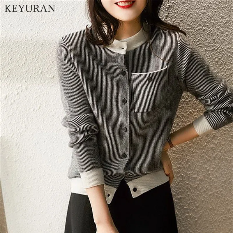 Women\'s Kitted Cardigan Jacket  Female 2021 New Autumn Winter Round Collar Casual Long Sleeve Striped Cardigans Sweater Outwear