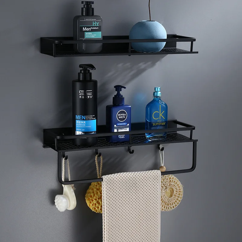 Bathroom Shelf  With Towel Bar Wall Mounted Aluminum Bath Shower Shelf Black Bath Shampoo Holder Basket Holder Corner shelf