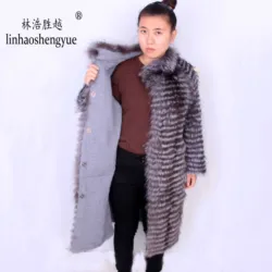 Linhaoshengyue  85cm Long Real Silver Fox  Fur Coat   and Red Blue Black Green