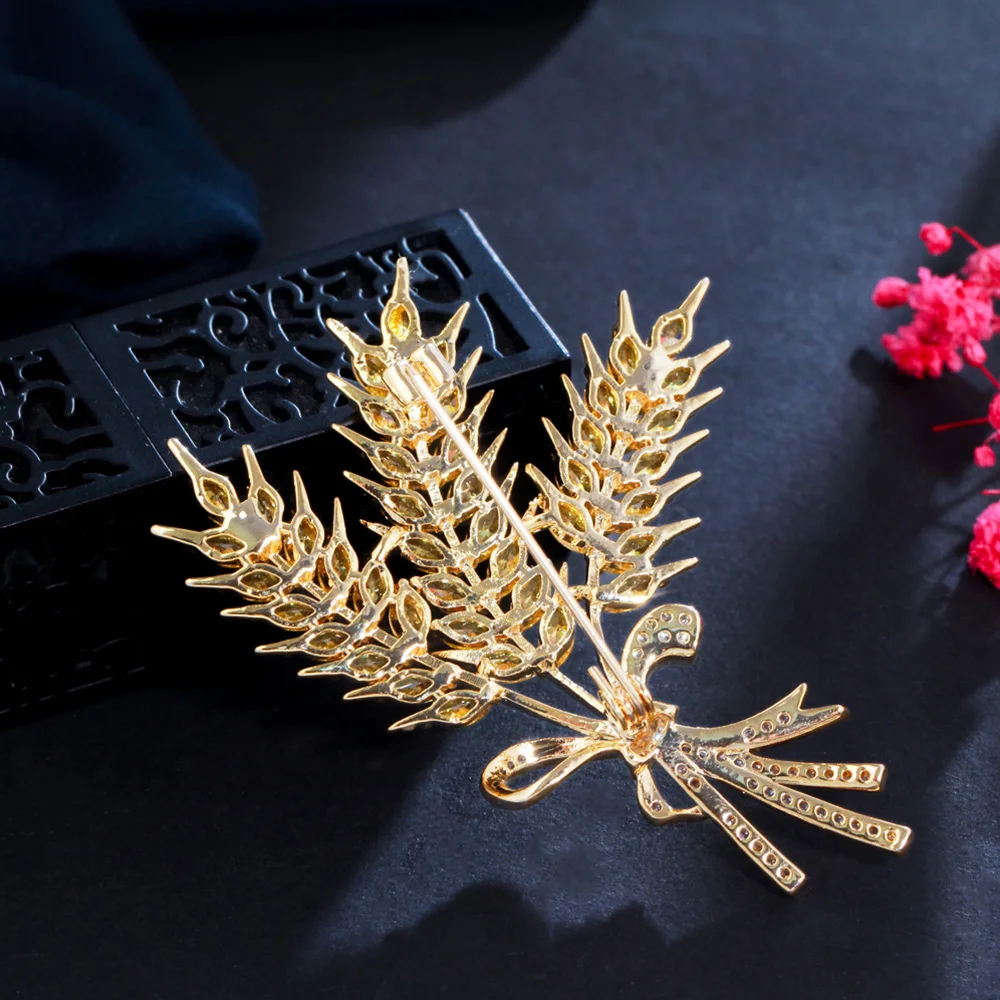Pera Gorgeous Barley Leaf Shiny Yellow Cz Dubai Gold Color Brooches For Women B…
