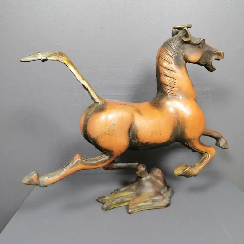 Brown Copper Folk Old China FengShui Brass Fly Horse Treading On a Flying Swallow Pegasus Galloping Horse Riding Swallow Statue