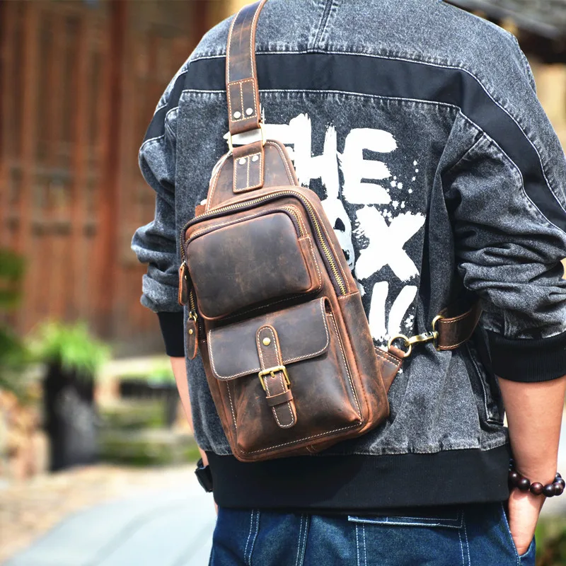 PNDME Vintage Crazy Horse Cowhide Men's Chest Bag Fashion Outdoor Daily Travel Natural Genuine Leather Multi-Pocket Shoulder Bag