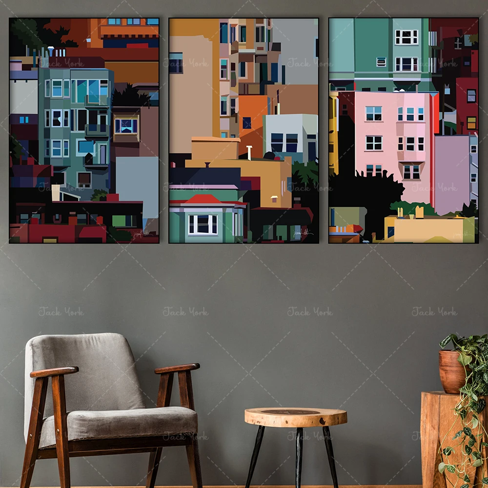 Set de arte de viaje, impresión San Francisco California, arte de cafetería a la venta, imágenes impresas, arte de pared colorido para escalera, arte para dormitorio