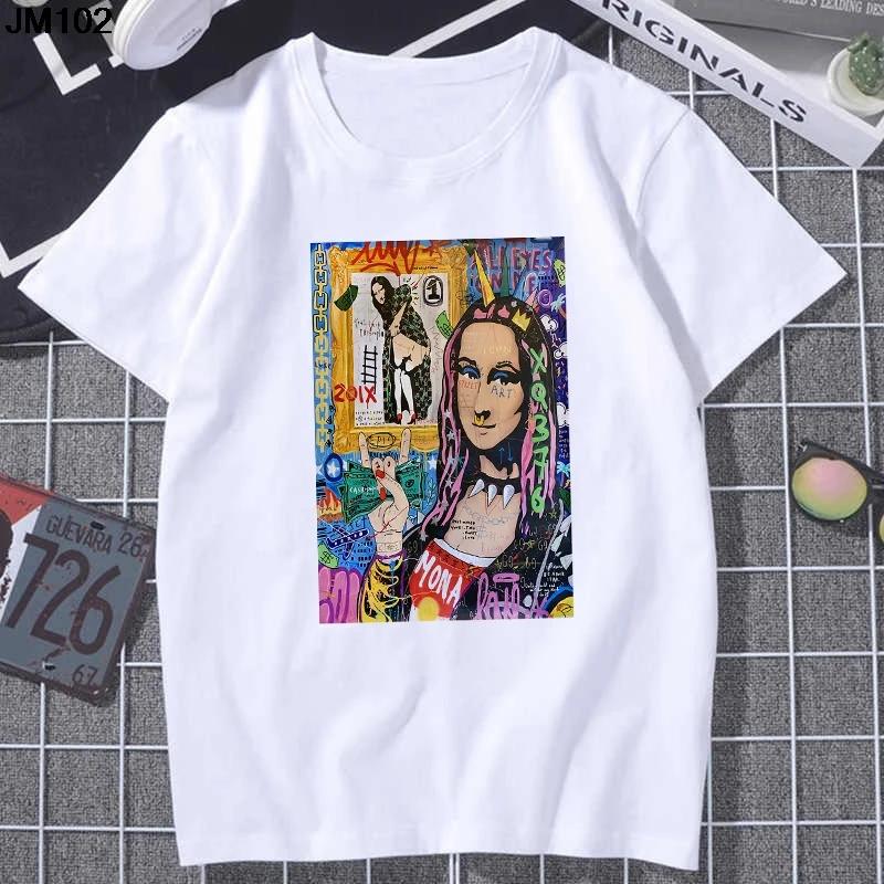 Funny Art Graffiti Mona Lisa Printed Ladies T-shirt Summer Harajuku Women\'s Short Sleeve T shirt Fashion Streetwear White Tshirt