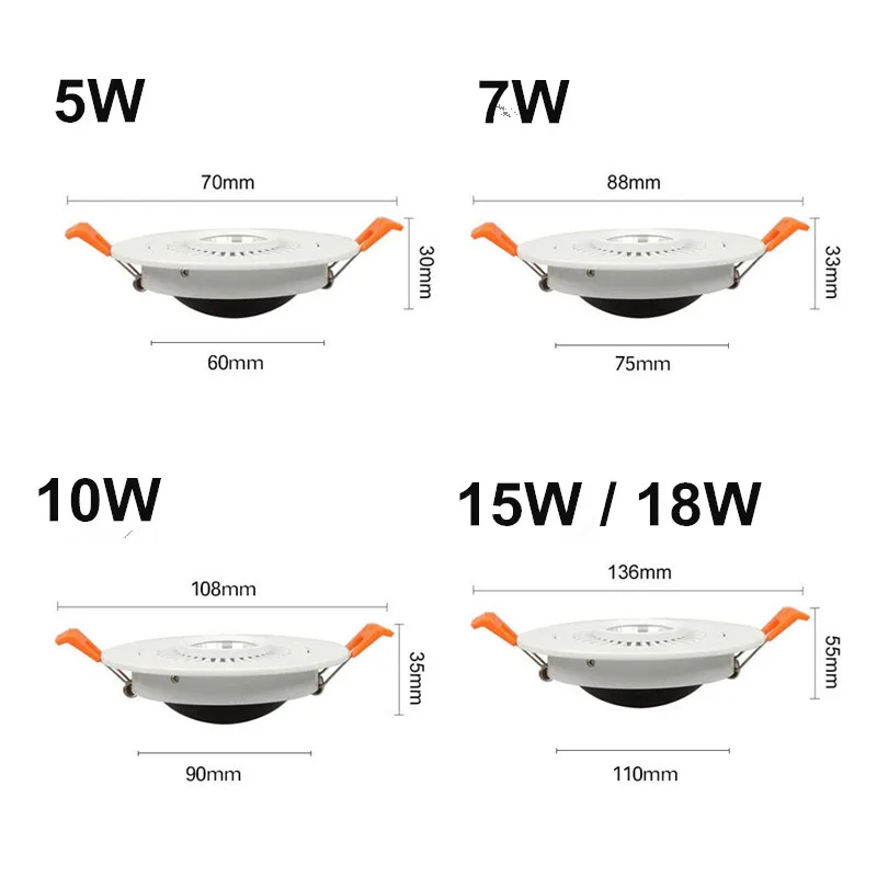 Możliwość przyciemniania 5W 7W 10W 15W 18W oprawa LED wpuszczana W sufit biały/czarny 360 ° obrotowe oświetlenie sufitowe LED AC 85V-265V + sterownik