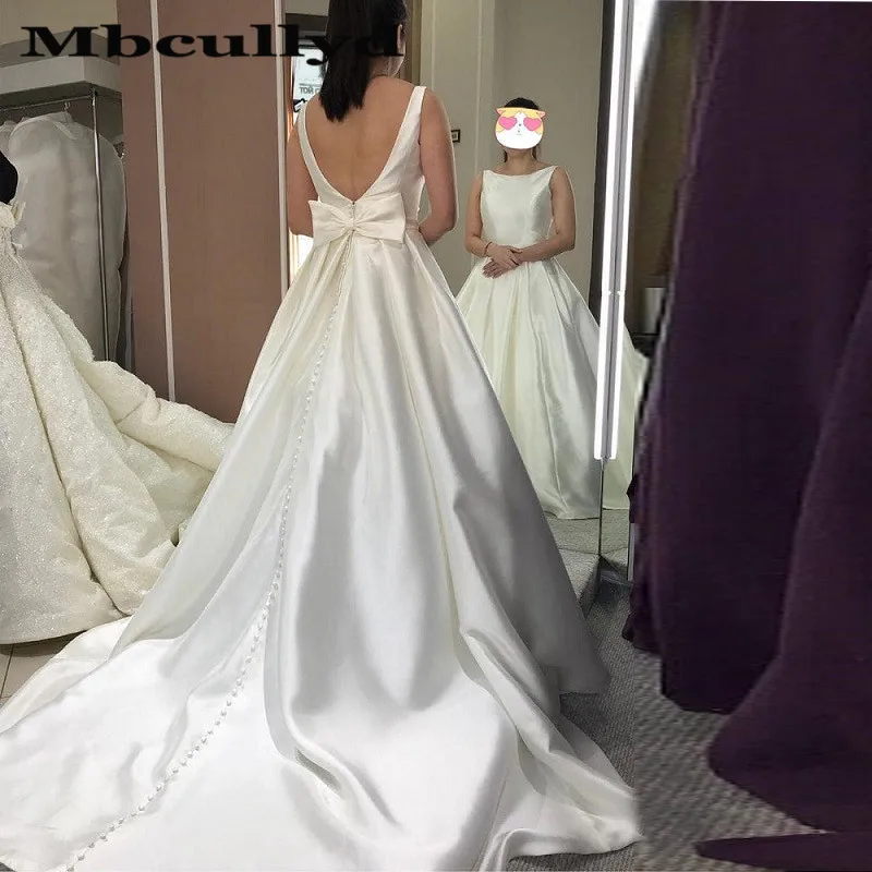 

Mbcullyd Scoop Neck White Wedding Dresses Long 2023 Elegant Satin Bridal Dress For Wedding Formal Sweep Train vestidos de novia