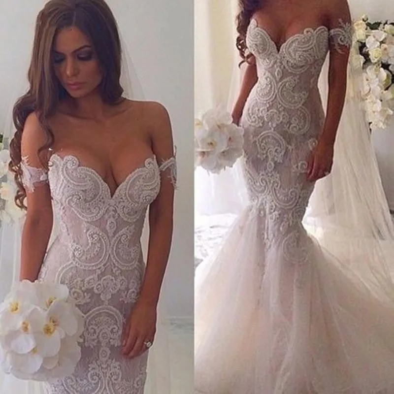 

Elegant Mermaid Long Wedding Dress Vintage Bridal Gowns Lace Pearls Beaded Robe Mariage Vestidos De Noiva