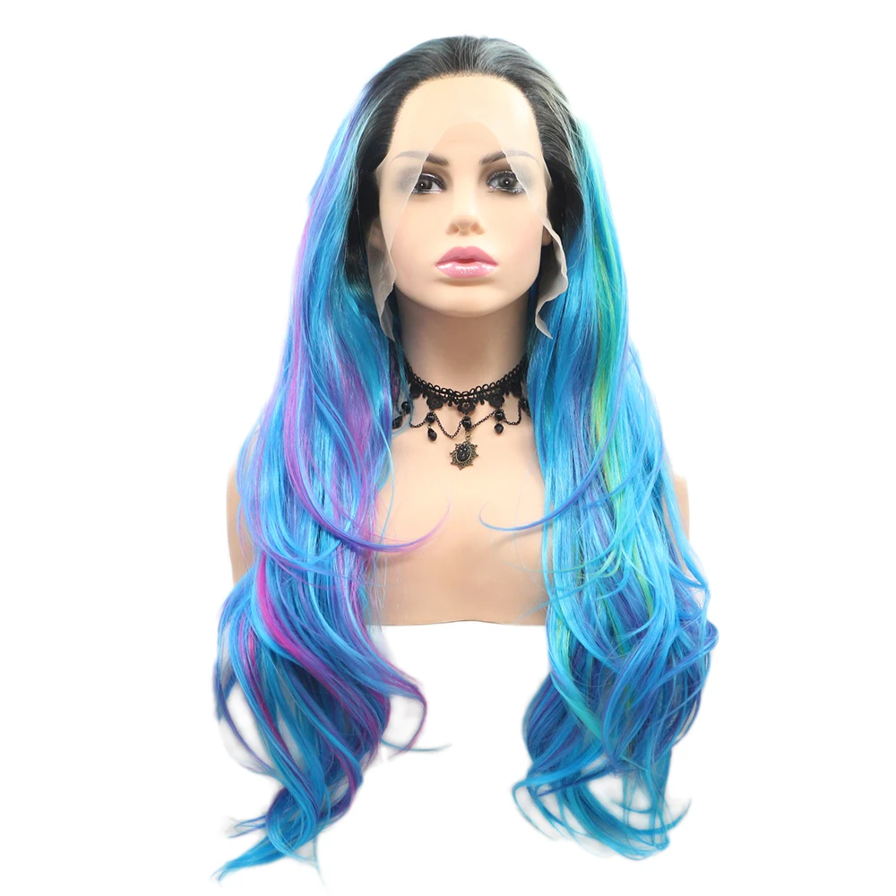 Blue Yellow Pink Purple Synthetic Wig for Women Long Wavy Lace Front Colorful Wig with Dark Roots Heat Fiber Rainbow Wig 24 Inch