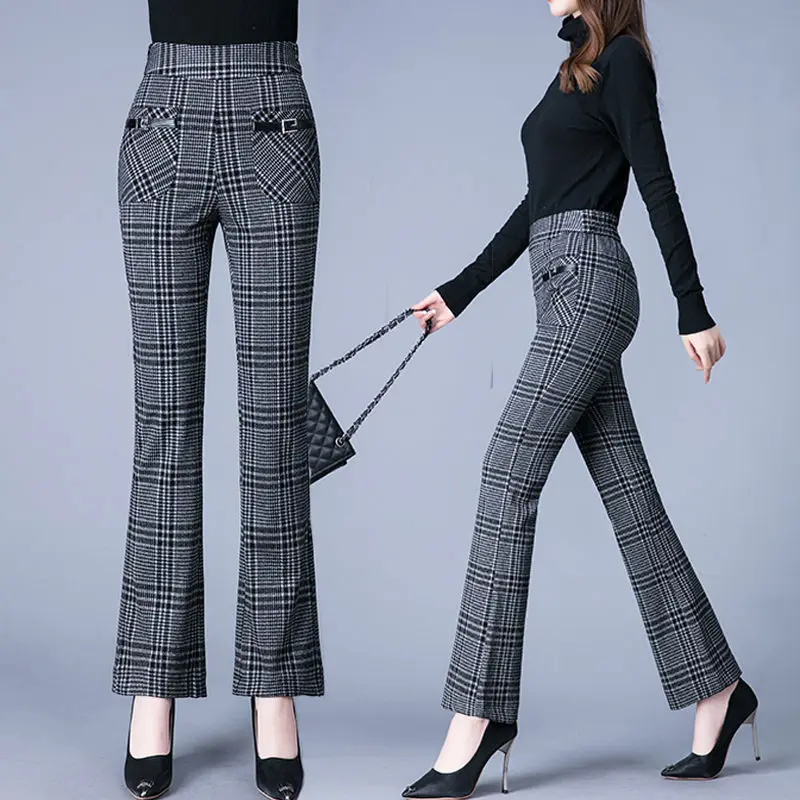 Women Fall Stretch Casual Flared Pants 2024 Female New High-waist Slim Slimming Lattice Fashion Micro-flared Pants Trousers A402