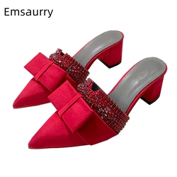 Sexy Point Toe Sweet Satin Outwear Lady Mules Jeweled Rhinestone Med Heel Slip-on Butterfly-knot Sandals Women