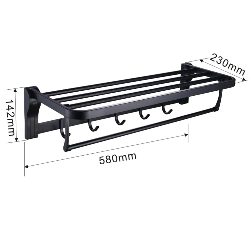 TAICUTE Towel Rack Shelf with Hooks Movable Bar SUS 304 Stainless Steel Holder Wall Mount Bathroom Accessories Black