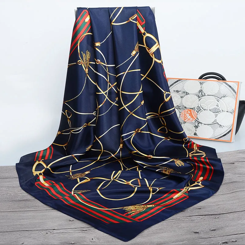 90*90cm Silk Scarves Women Print Foulard Satin Square Head Hijab Ladies Luxury Brand Shawl Bandanna Female Muffler chiffen wrap