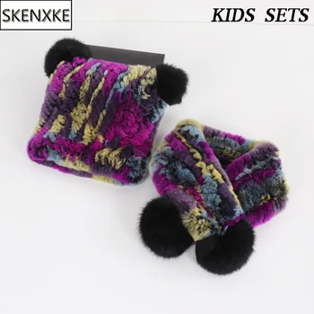 子供のための本物のレックスのウサギの毛皮のスカーフのセット,子供のための暖かい毛皮のスカーフ,良質の伸縮性のある毛皮の帽子,新しい冬のコレクション