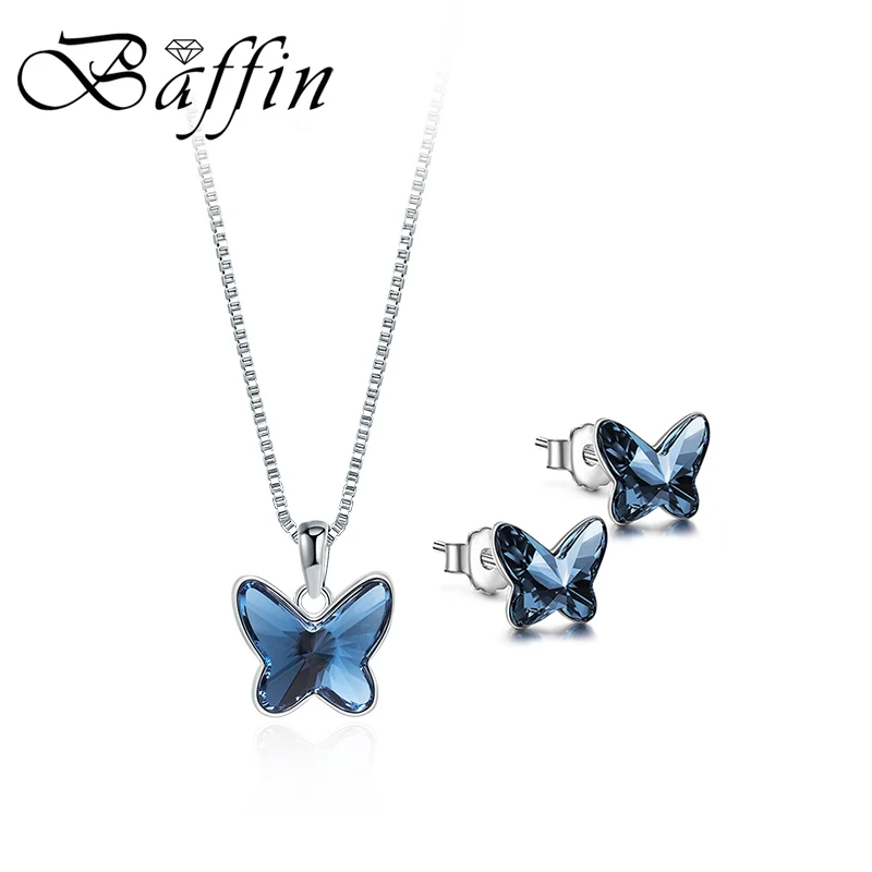 Original Crystal from Austria Blue Butterfly Jewelry Sets Silver Color Pendant Necklace Stud Earrings Cute Accessories For Women