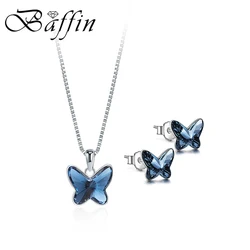 Original Crystal from Austria Blue Butterfly Jewelry Sets Silver Color Pendant Necklace Stud Earrings Cute Accessories For Women