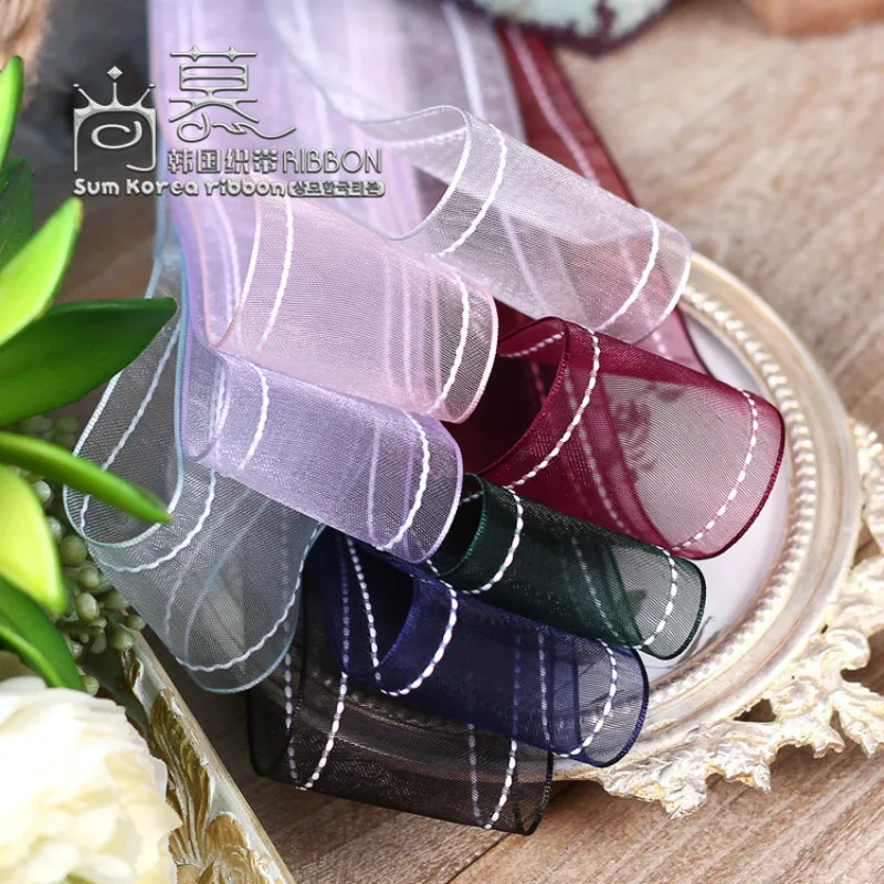 

Stitch Ribbons Organza White Edges Dotted Double Line For DIY Crafts Handmade HairBows Gift Flower Wrap 25 40mmSnow Yarn Webbing