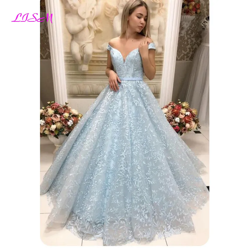 Off the Shoulder Sky Blue Long Ball Gown Princess Prom Dresses Elegant Lace Applique Evening Dress vestidos de fiesta para mujer