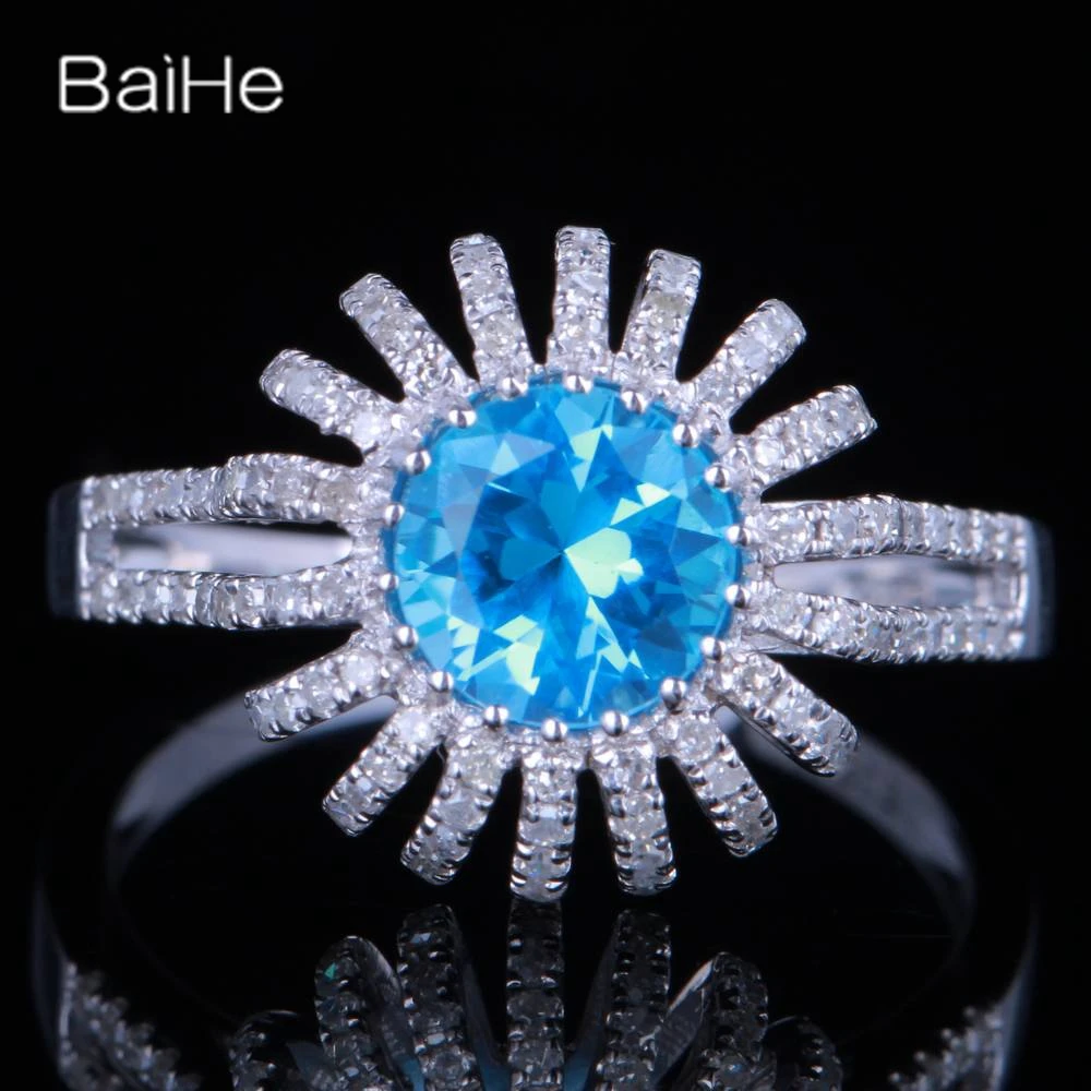 

BAIHE Solid 14K White Gold Blue Topaz Ring Women Lady Engagement Gift Trendy Fine Jewelry Making Flower Ring 꽃 반지 Mowhiti Puawai