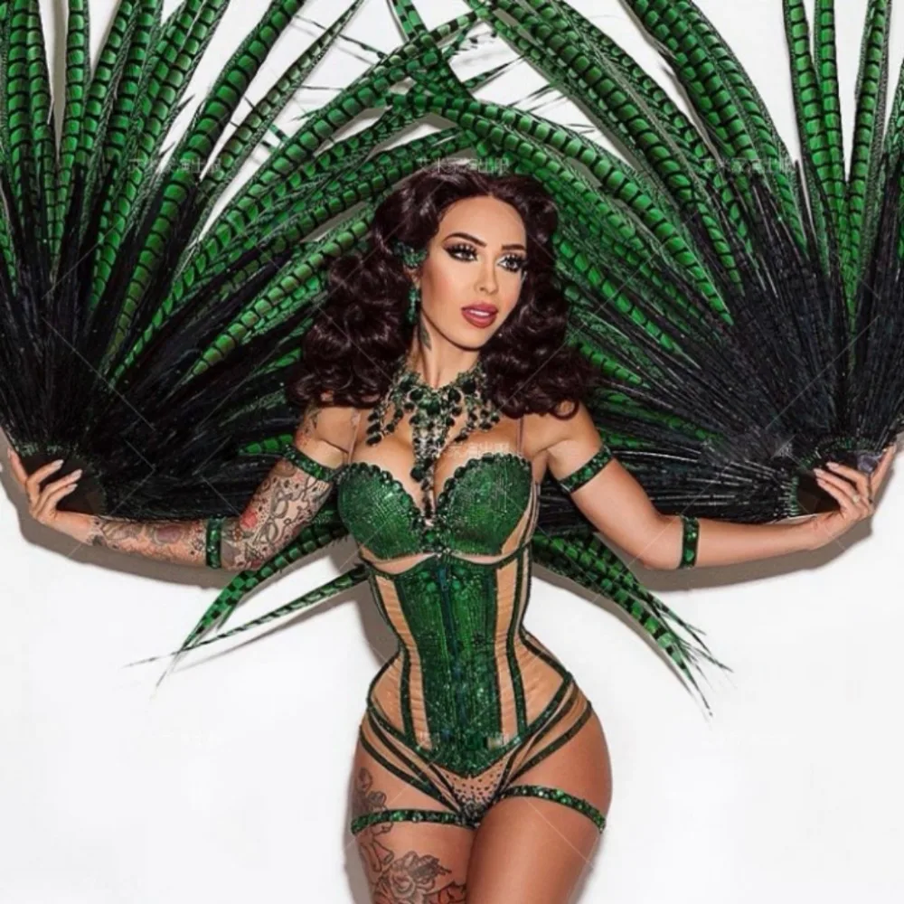 

Sexy green Full diamond feather fan corset hot drilling bar ds nightclub female gogo costume