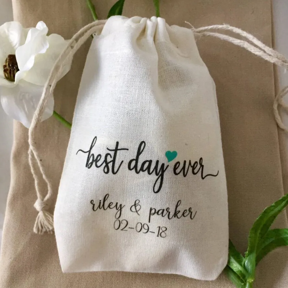 

10pc Personalized any text Best Day Eve rWedding Favor Bags with Quote "And So the Adventure Begins" - Custom Muslin Cotton Bags