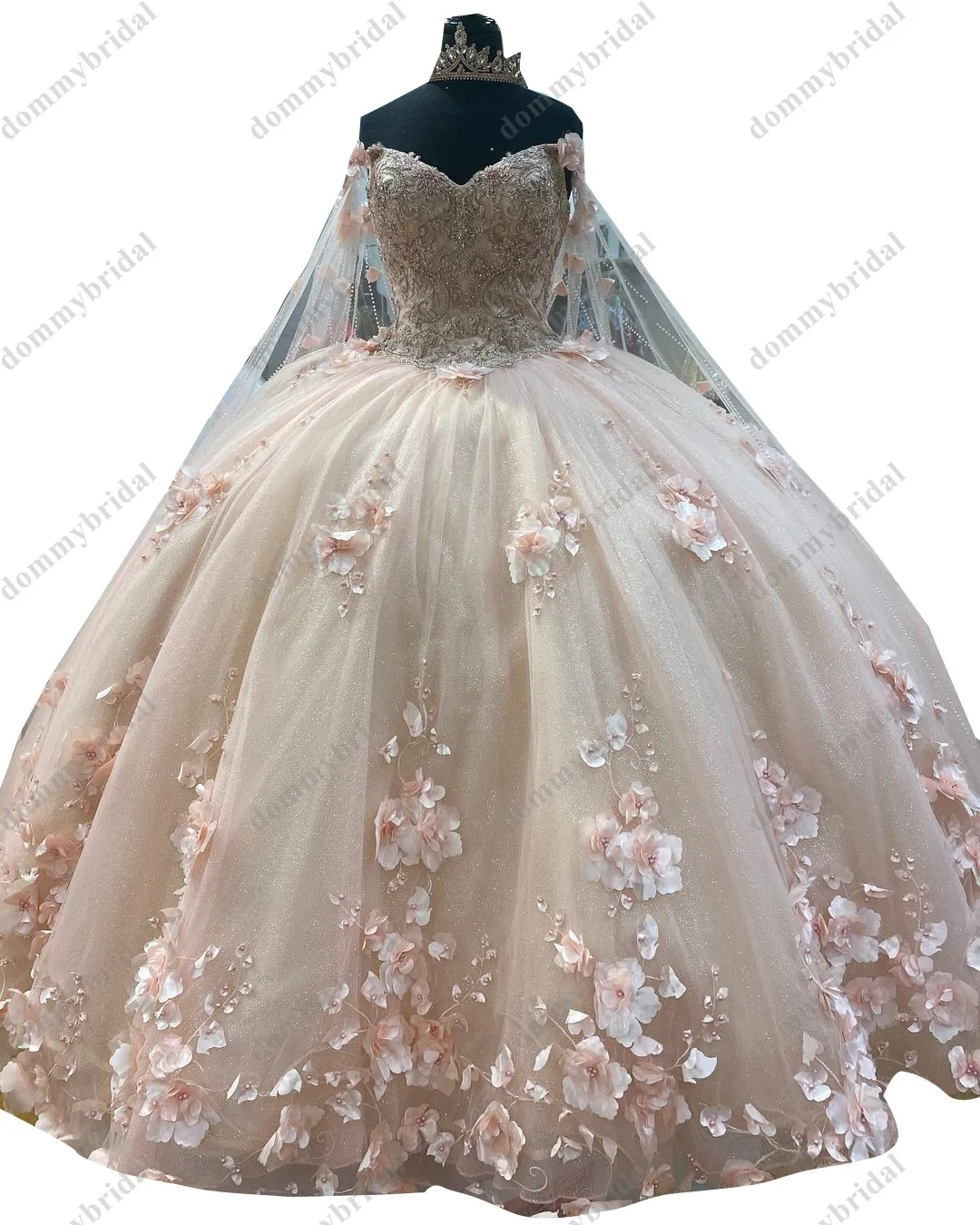 Gaun Prom Royalti V Neck Blush Pink Vestido De 15 16 XV Anos Ball 3D Bunga Bunga Bunga Meksiko Quinceanera dengan Jubah Jubah