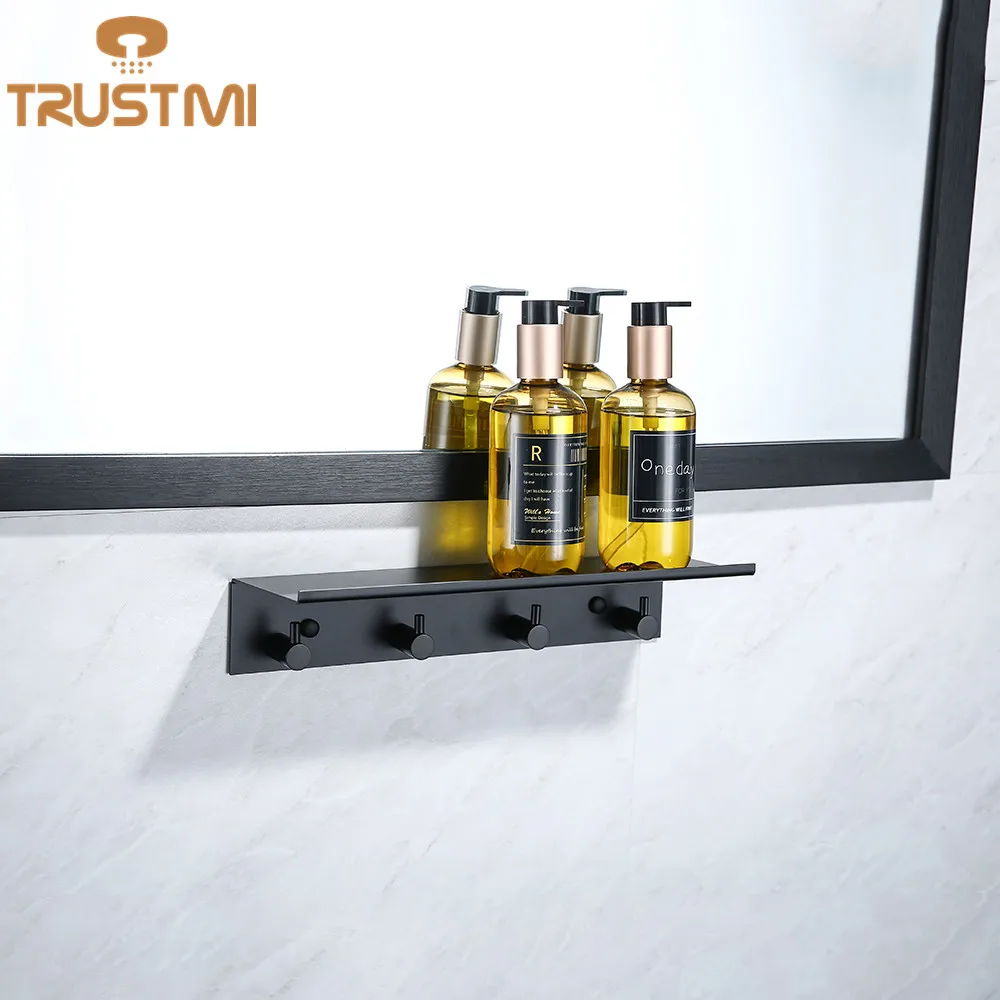 High Quality And Durable Black Space Aluminum Bathroom Shelves With Hooks Wall Mount Bathroom Shelf Bath Storage  Holde