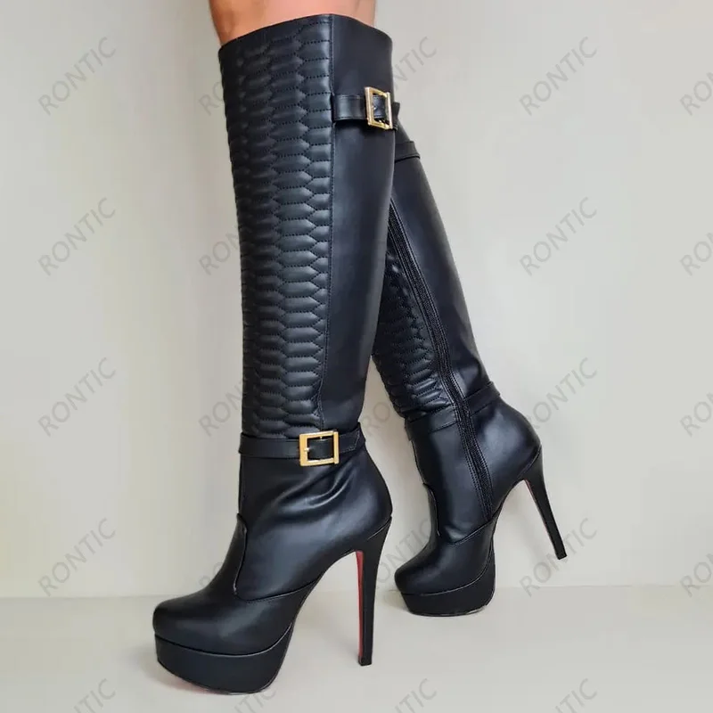 Rontic Handmade Women Platform Winter Knee Boots Side Zipper Sexy Stiletto Heels Round Toe Black Club Shoes Size 35-52