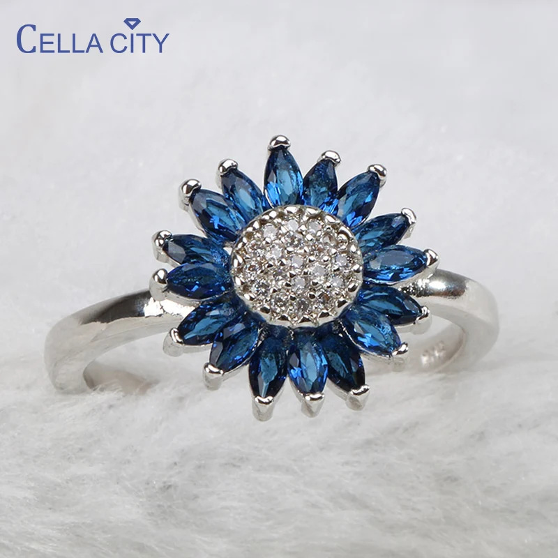 Cellacity Trendy Silver  Ring for Women Gemstones Fine Jewelry Sunflower Sapphire Zircon Blue Female Dating Ring Korean Style