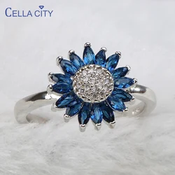 Cellacity Trendy Silver Ring for Women Gemstones Fine Jewelry Sunflower Sapphire Zircon Blue Female Dating Ring Korean Style