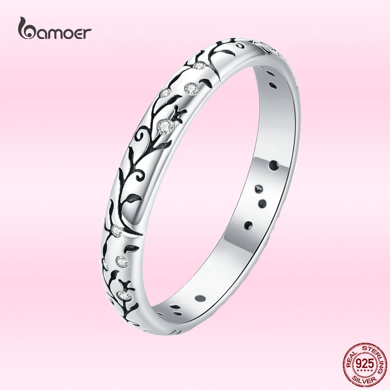 

Bamoer 925 Sterling Silver Vine Pattern Finger Rings for Women Vintage Classic Inlaid Zircon Personalized Jewelry Present SCR659