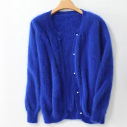 Cabelo longo vison dupla camada engrossado cardigan camisola feminina solto médio longo pérola botão lanterna manga casaco de vison