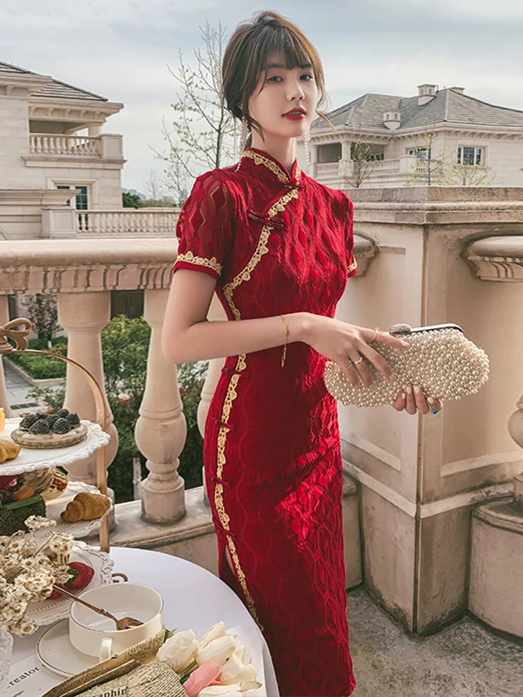 

Chinese Dress Red Lace Qipao Evening Dresses Marry Cheongsam Christmas Dress Long Embroidery Cheongsams Retro Traditional Qipao