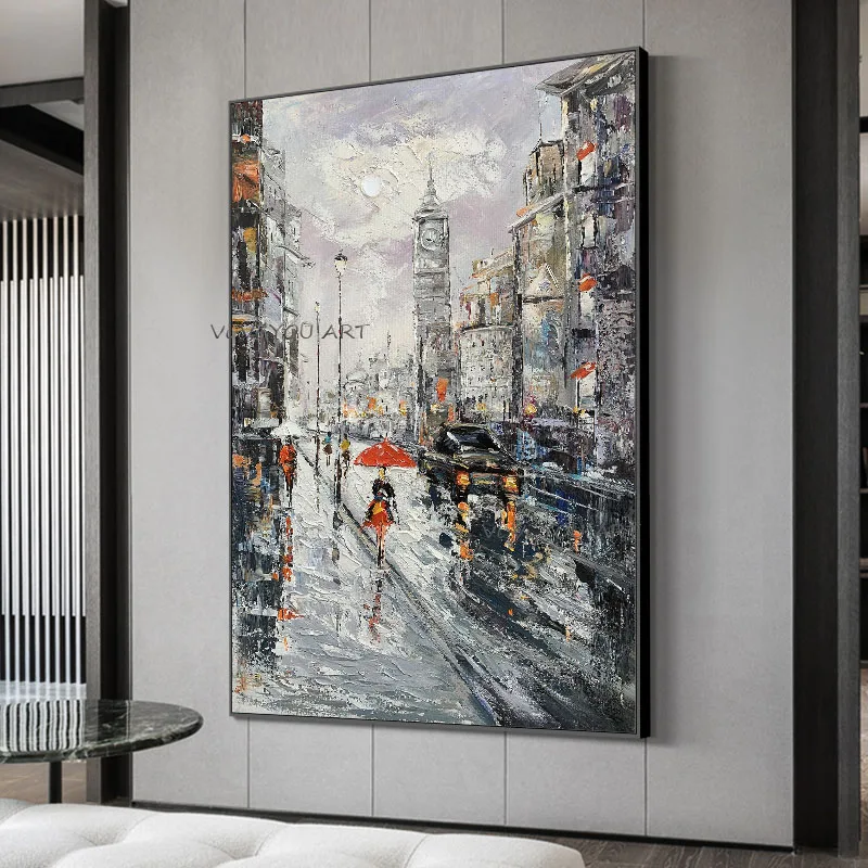 Scenery Art Hand Painted Street Night Knife Oil Painting Art Canvas Wall Art People Abstract Paintings Art For Living Room