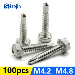 100PCS 410 Stainless Steel Outer Hexagonal Head Self-drilling Screw M4.2 M4.8 Fasteners Tools Repair Accessories