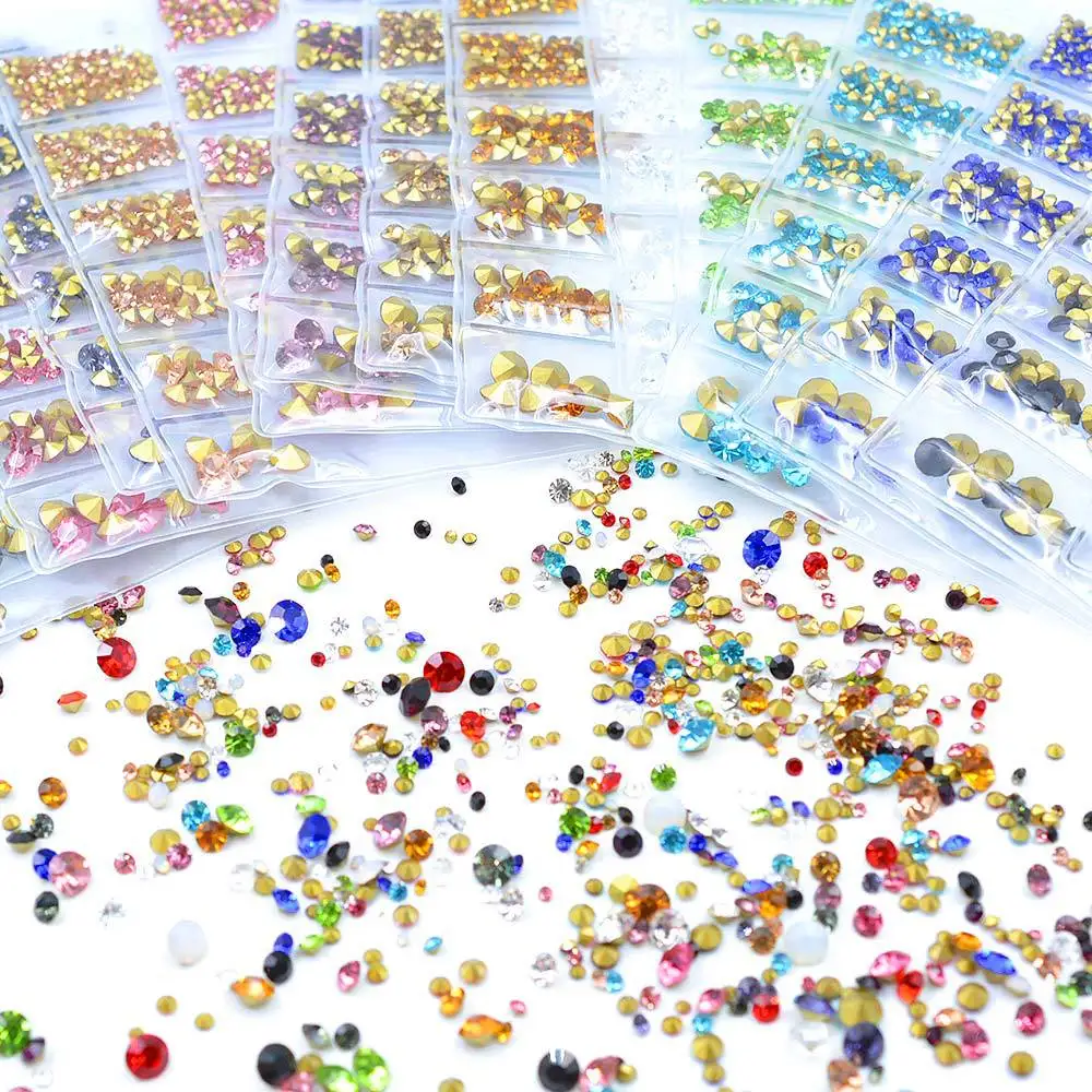 17Colors V-Bottom Sharp Glitter Rhinestone Nail Gems Acrylic Crystal Stone Non Hot Fix Nail Art Decoration Charms Set