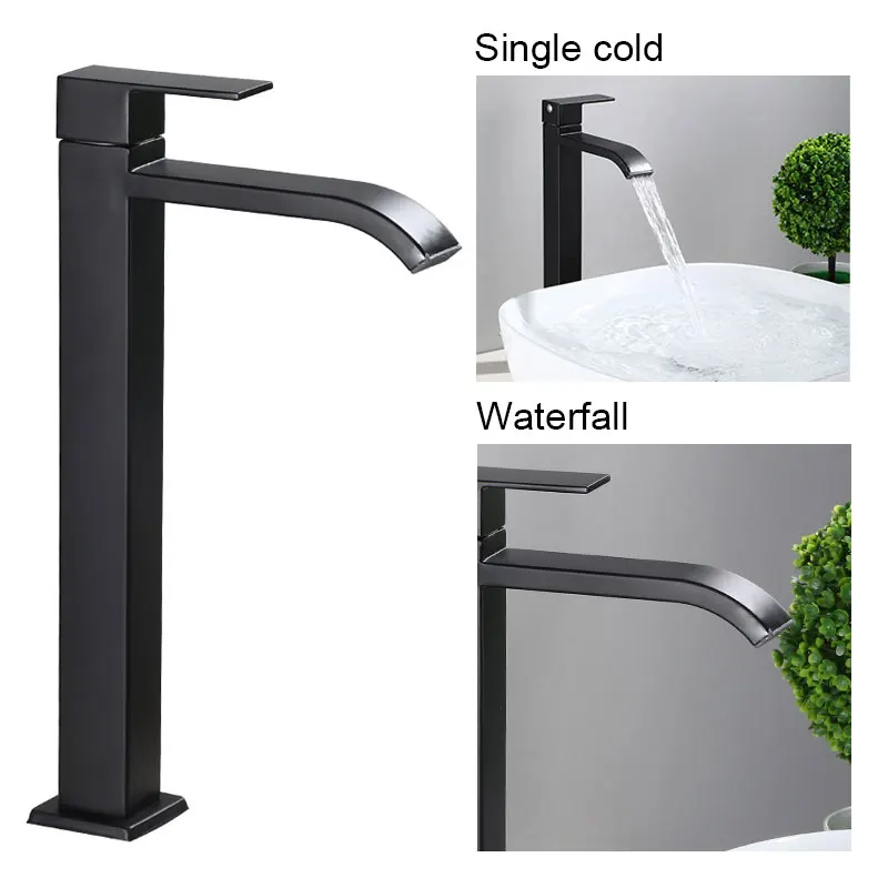 Bathroom Basin Faucets Stainless Steel Waterfall Tall Sink Vessel Tap Single Cold Water Tap Matt Black Single Handle Deck Mount