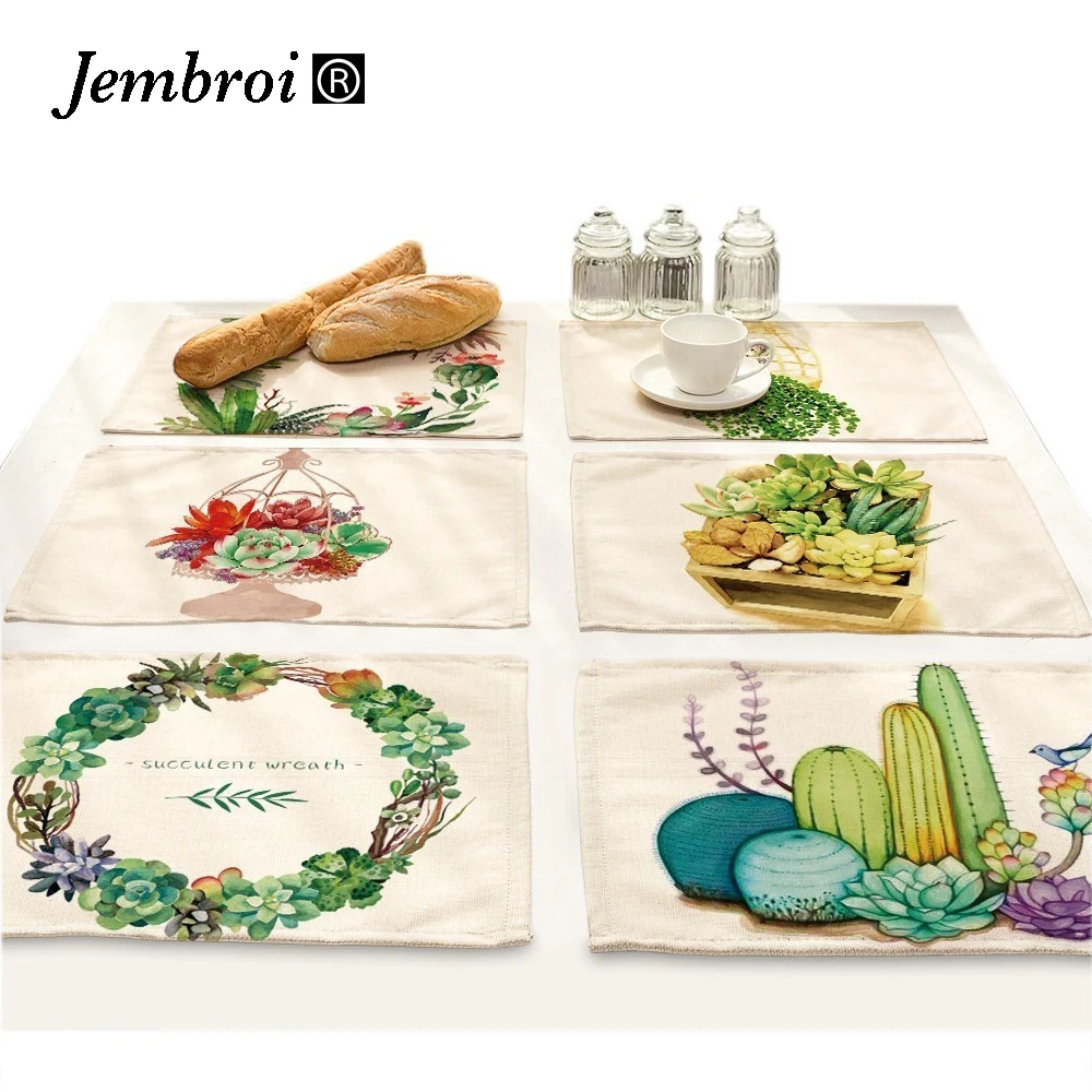 Cactus Succulent Plants Flower Faux Linen Print Placemat Dining Table Mat Green Leaf Fabric Coasters Kitchen Home Tablecloth