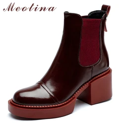 Meotina Women Shoes Genuine Leather Ankle Boots Platform Thick High Heel Boots Round Toe Ladies Footwear 2021 Autumn Winter 40