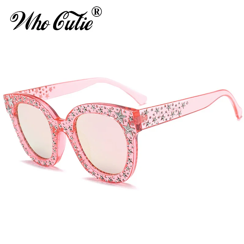 WHO CUTIE 2018 Embellished Square Pink Star Stud Sunglasses Women Brand Designer Vintage Female Sun Glasses Retro Shades OM523