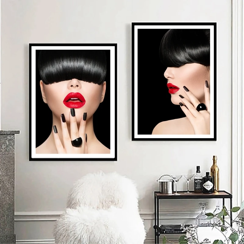 Fashion Model Girl Trendy Fringe Hair Style Prints Woman Makeup Lips Manicure Poster Canvas Painting Beauty Salon Wall Art Decor