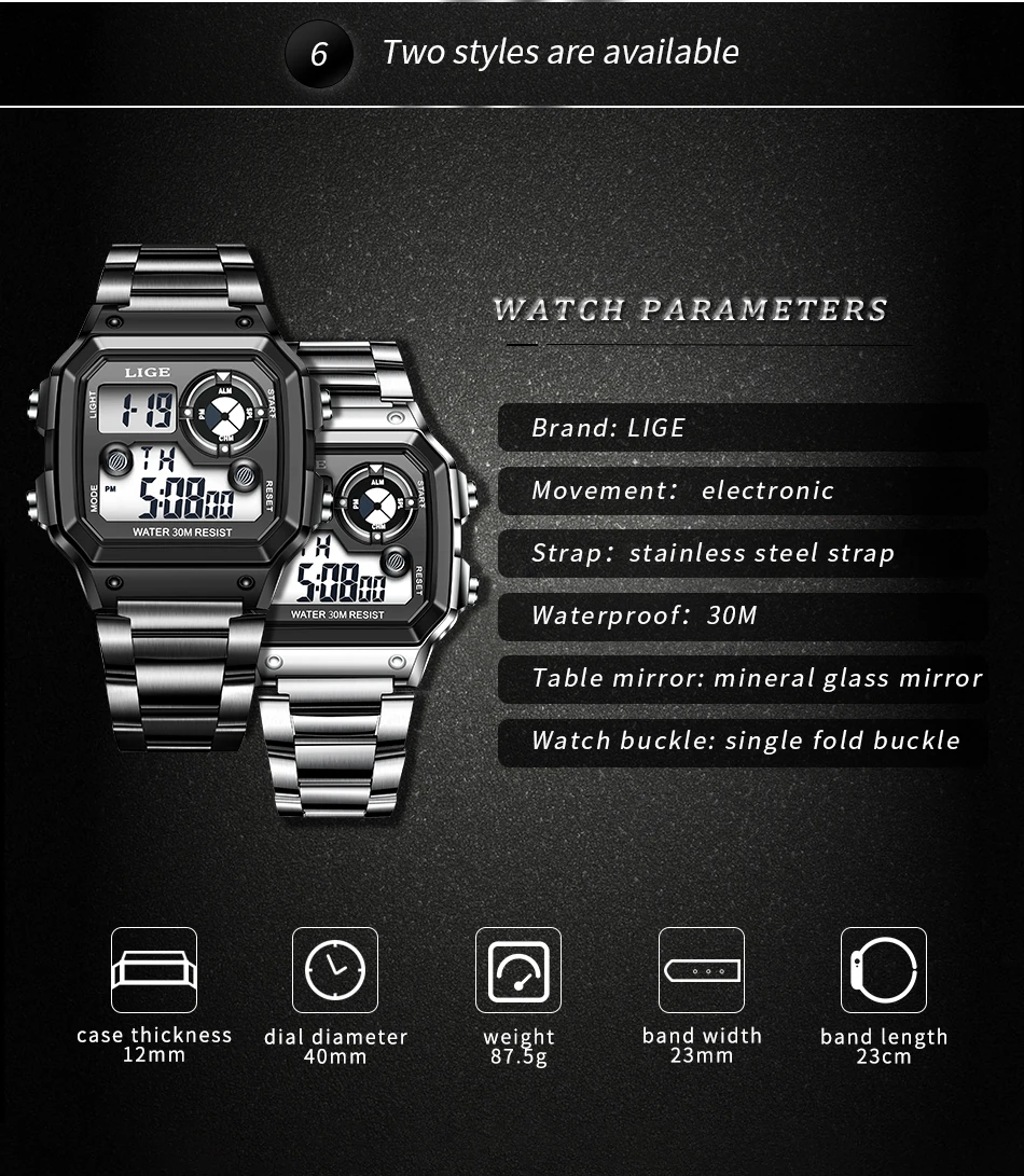 LIGE Brand Men Digital Watch Shock Military Sport Watches Fashion Waterproof Electronic Wristwatch Mens Reloj Inteligente Hombre