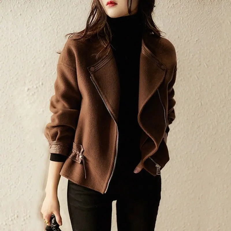 

Women's Autumn and Winter Wool Coat Fashion Temperament Lapel Pocket Zipper Warmth Female Jacket 2021 New Fall Clothes N3220