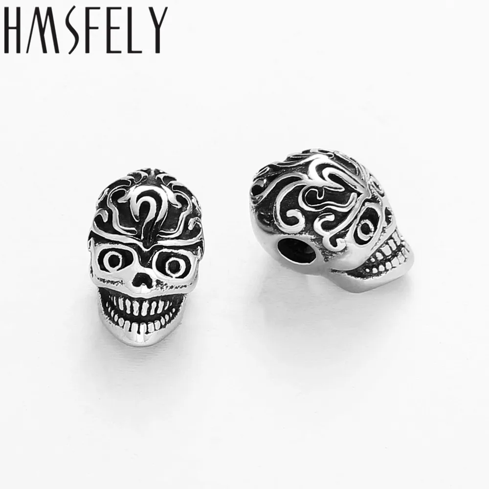 HMSFELY 316L Stainless Steel Flower Pattern Skull Head Beads Accessories For DIY Beaded Bracelet Making Findings 2mm Hole Bead