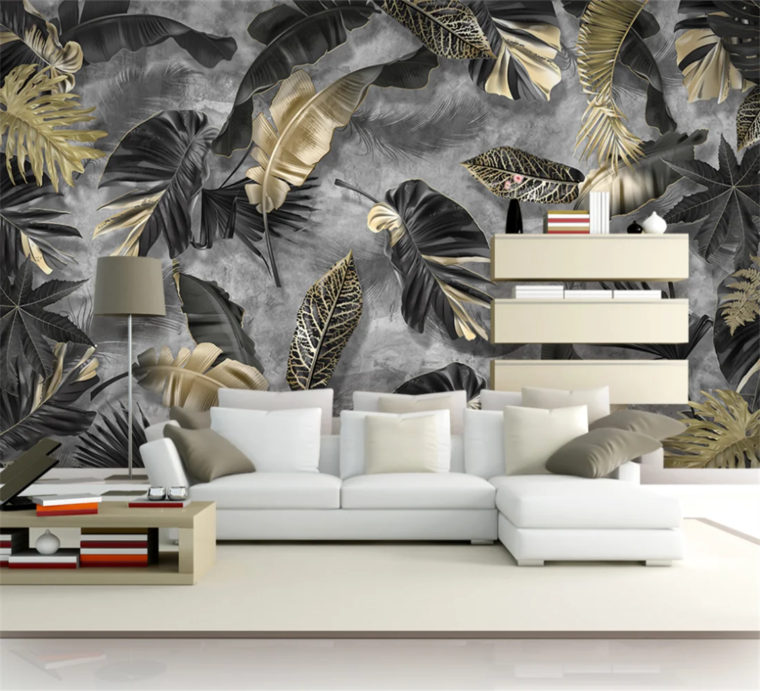 Custom mural of any size tropical plant leaf feather black background wallpaper home decoration self-adhesive multiple materials