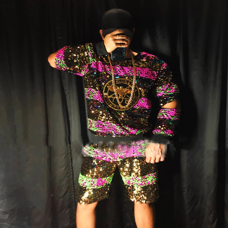2 Pieces Shiny Sequins Hiphop Suit Colorful Jazz Top Shorts Men Nightclub Bar Dj Ds Tide Rock Stage Performance Clothes XS2312