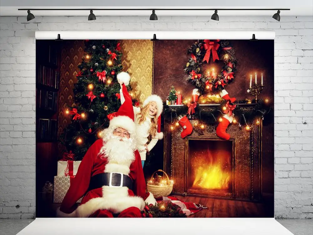 

VinylBDS Christmas Backdrop photography Santa Claus ChristmasTree Fone Photographie Indoor Warmth Photo Backdrops photography