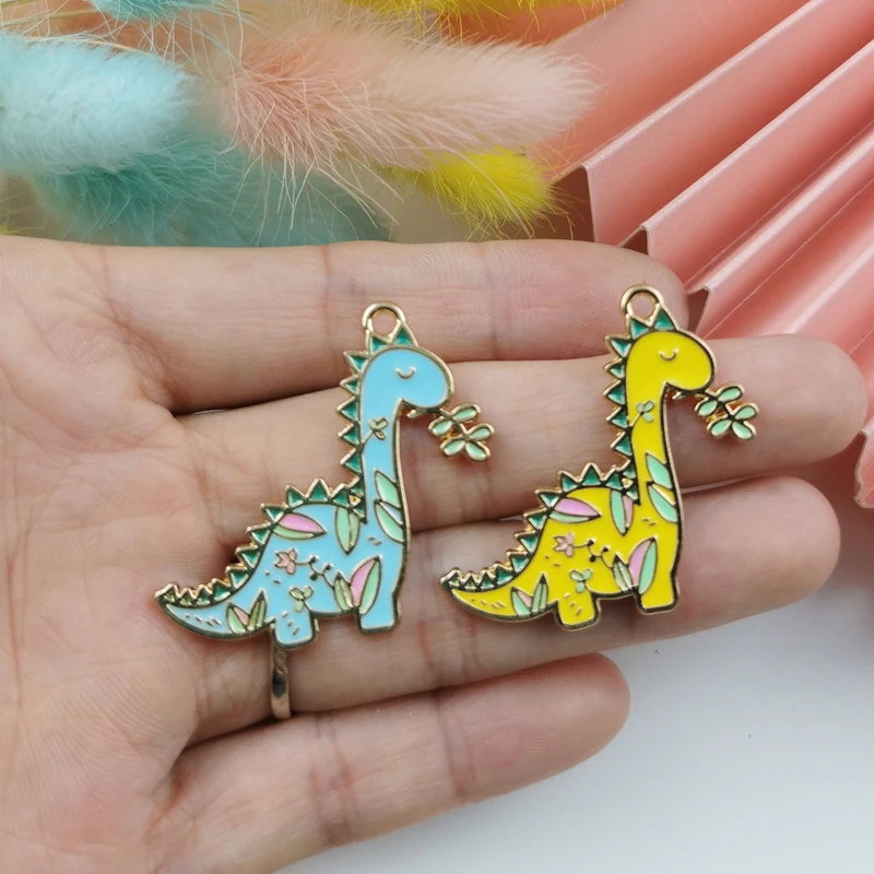 10pcs Kawaii Dinosaur Metal Charms Enamel Pendants Charm Fit Bracelet Earring Floating DIY Jewelry Making Golden Base 32*35mm